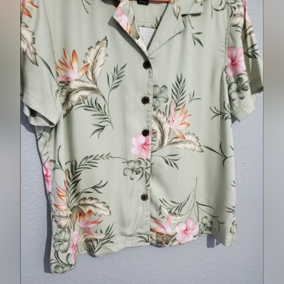 Island Traders Green Floral Tropical Women's Short Sleeve Button Blouse Size L - Picture 6 of 11